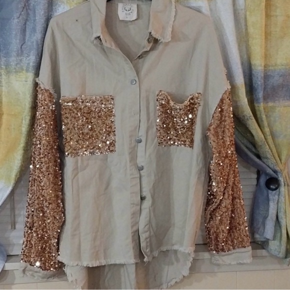Fantastic Fawn Tops - Fantastic Fawn Tan Sequin Button Down Shirt